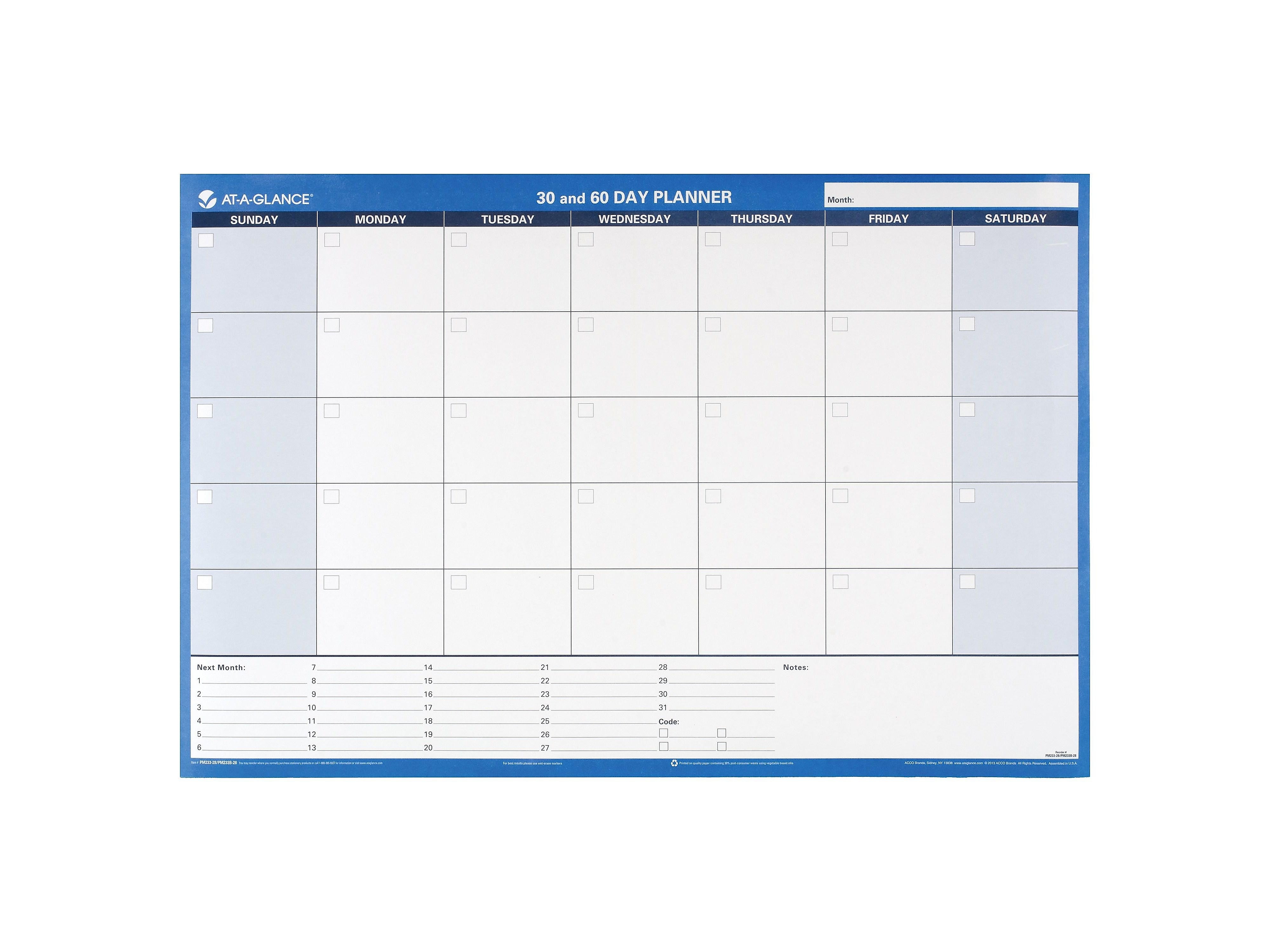 AT-A-GLANCE 30-60 Day 24"H x 36"W Dry Erase Monthly Wall Calendar, Blue (PM233 28)
