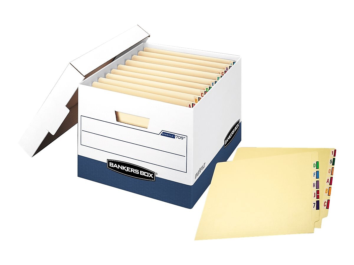 Bankers Box Heavy-Duty FastFold File Storage Boxes, Lift-Off Lid, Letter/Legal Size, White/Blue, 12/Carton (00709)