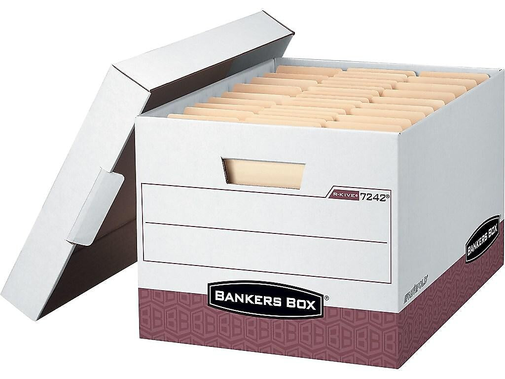 Bankers Box R-Kive Heavy-Duty FastFold File Storage Boxes, Lift-Off Lid, Letter/Legal Size, White/Red, 12/Carton (07242)