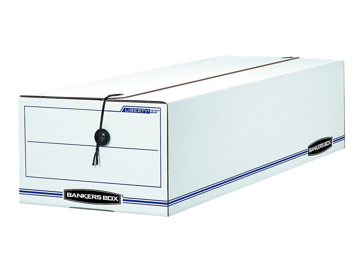 Bankers Box Liberty Corrugated File Storage Boxes, String & Button Closure, Check & Form Size, White/Blue, 12/Carton (00022)