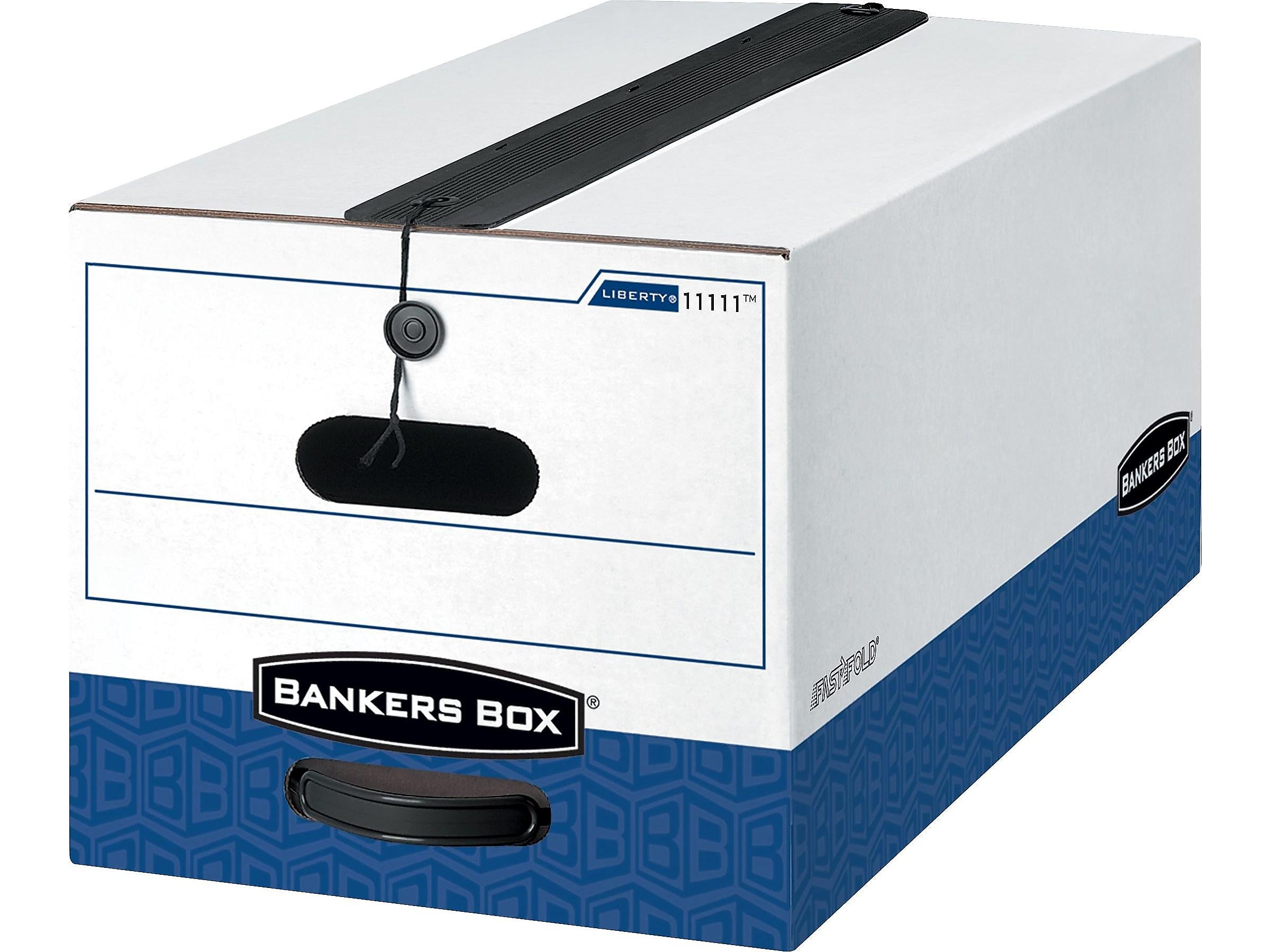 Bankers Box Liberty Plus Heavy Duty Corrugated Boxes with String & Button, Legal Size, White/Blue, 12/Carton (12112)