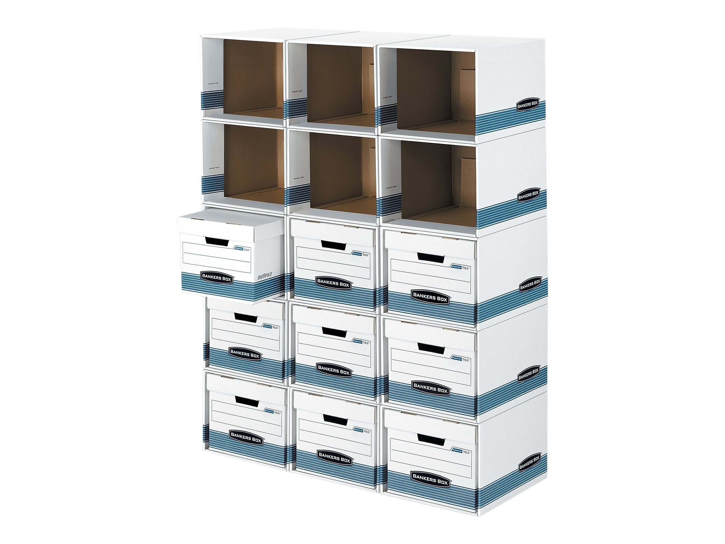 Bankers Box File/Cube Quick Set-Up Corrugated File Storage Box Shells, Letter/Legal Size, White/Blue, 6/Carton (0162601)