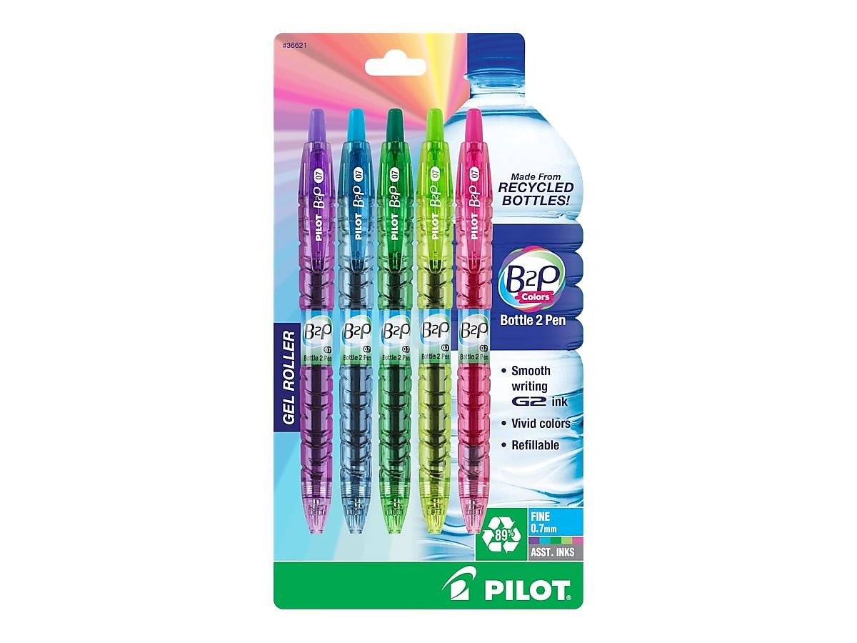 Pilot B2P Colors Bottle 2 Pen Retractable Gel Pens, Fine Point, Assorted Ink, 5/Pack (36621)