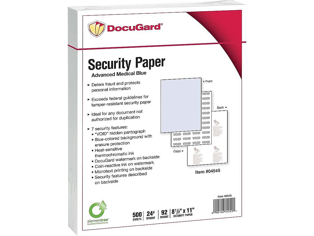 Paris DocuGard Advanced 8.5" x 11" Medical Security Paper, 24 lbs., Blue, 500 Sheets/Ream, 2500/Carton (04545)