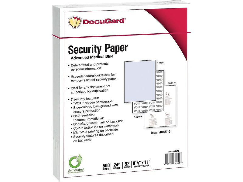 Paris DocuGard Advanced 8.5" x 11" Medical Security Paper, 24 lbs., Blue, 500 Sheets/Ream, 2500/Carton (04545)
