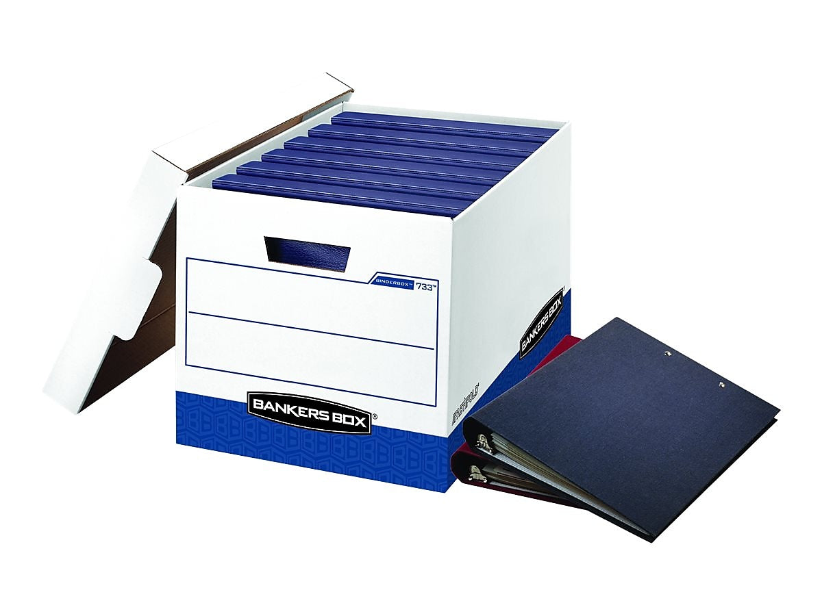 Bankers Box Heavy-Duty FastFold Corrugated File Storage Boxes, Lift-Off Lid, Binder Size, White/Blue, 12/Carton (0073301)