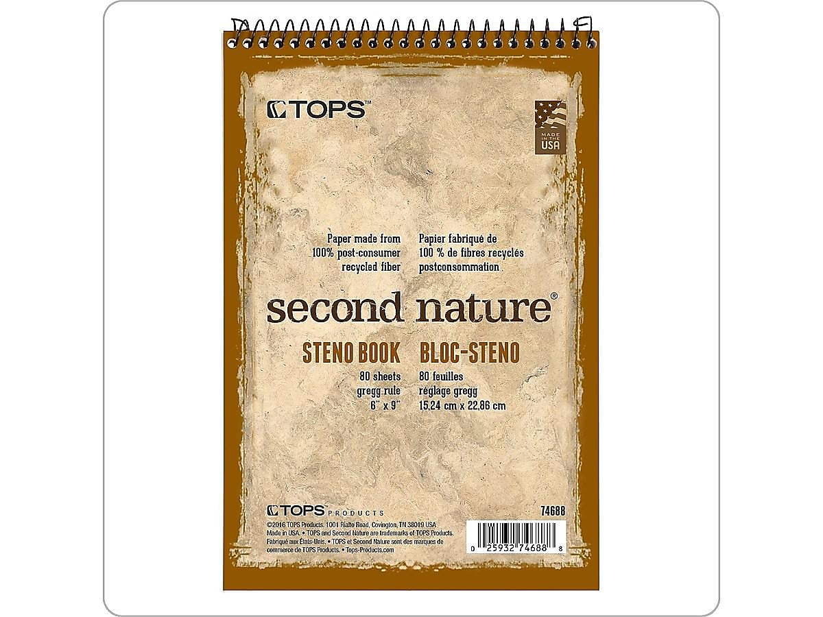 TOPS Second Nature Steno Pad, 6" x 9", Gregg Ruled, White, 80 Sheets/Pad (TOP 74688)