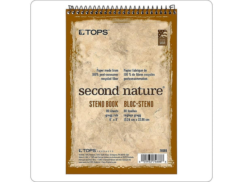 TOPS Second Nature Steno Pad, 6" x 9", Gregg Ruled, White, 80 Sheets/Pad (TOP 74688)
