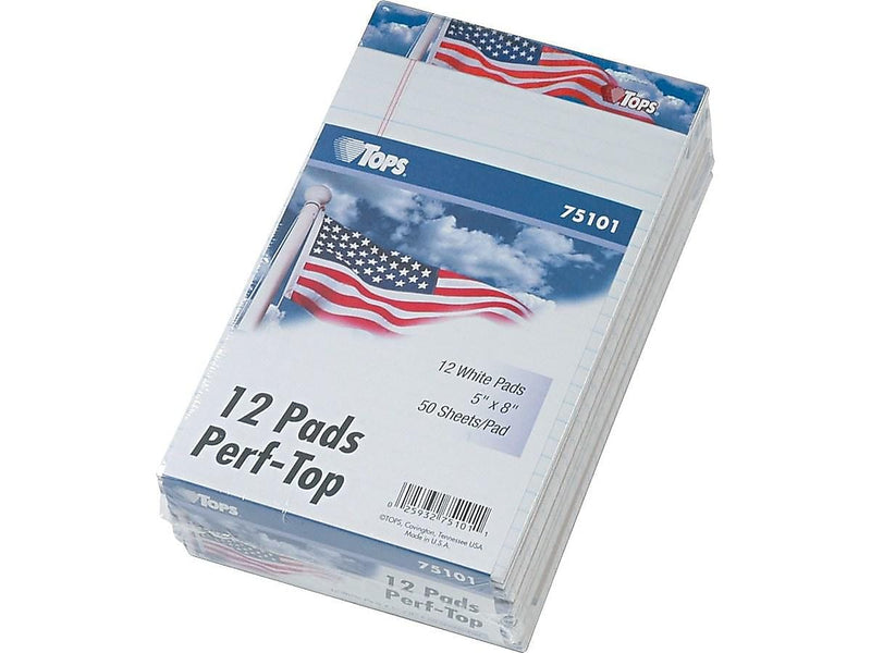 TOPS American Pride Notepads, 5" x 8", Narrow Ruled, White, 50 Sheets/Pad, 12 Pads/Pack (TOP 75101)
