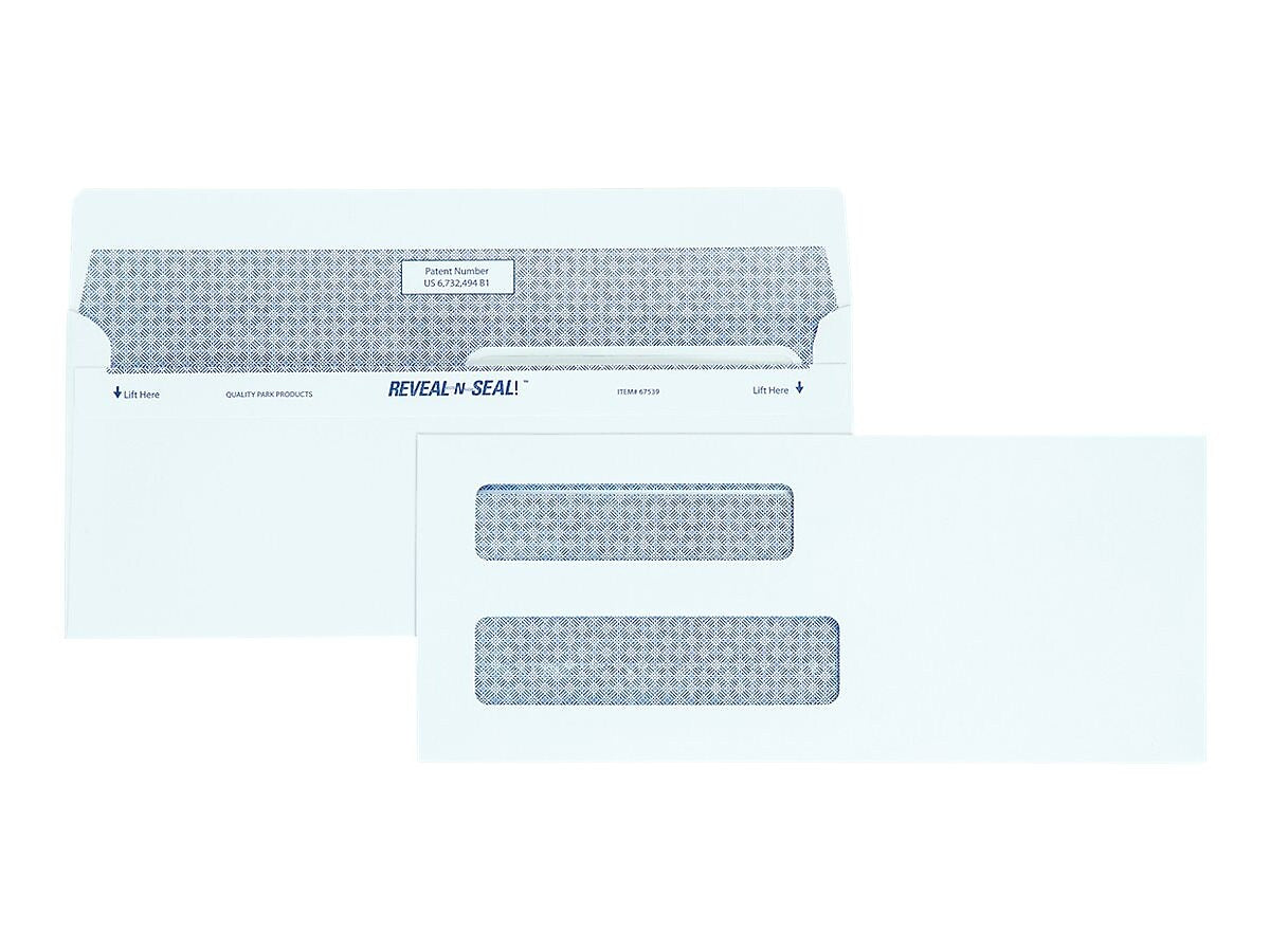 Quality Park Reveal N-Seal Security Tinted #8 Double Window Envelopes, 3 5/8" x 8 5/8", White Wove, 500/Box
