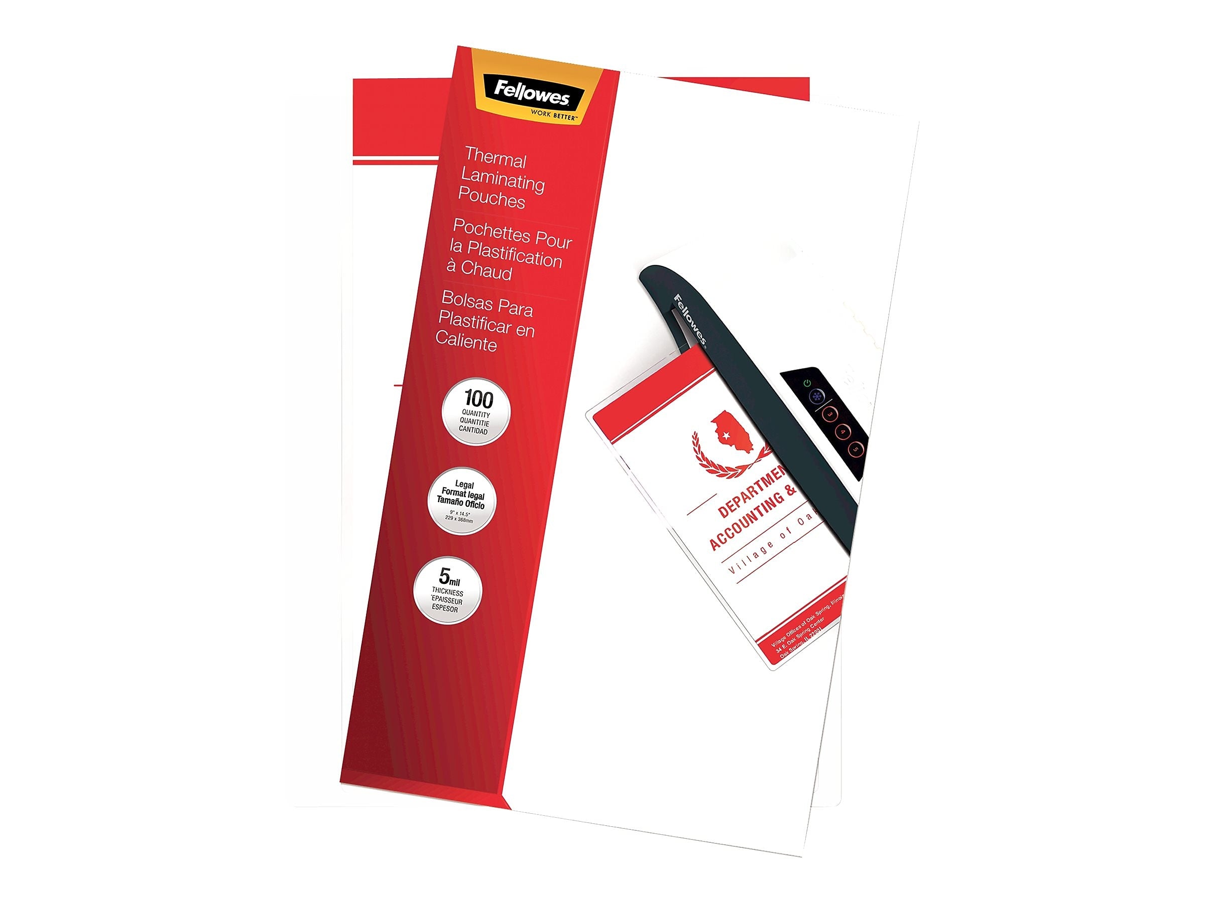 Fellowes Thermal Laminating Pouches, Legal Size, 5 Mil, 100/Pack (52045)