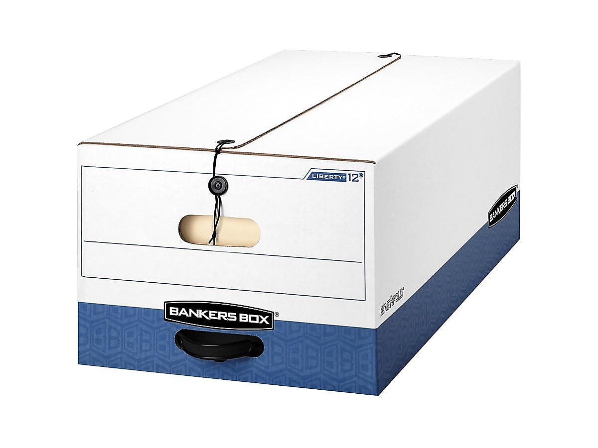 Bankers Box Heavy-Duty Corrugated File Storage Boxes, String & Button, Legal Size, White/Blue, 12/Carton (00012)