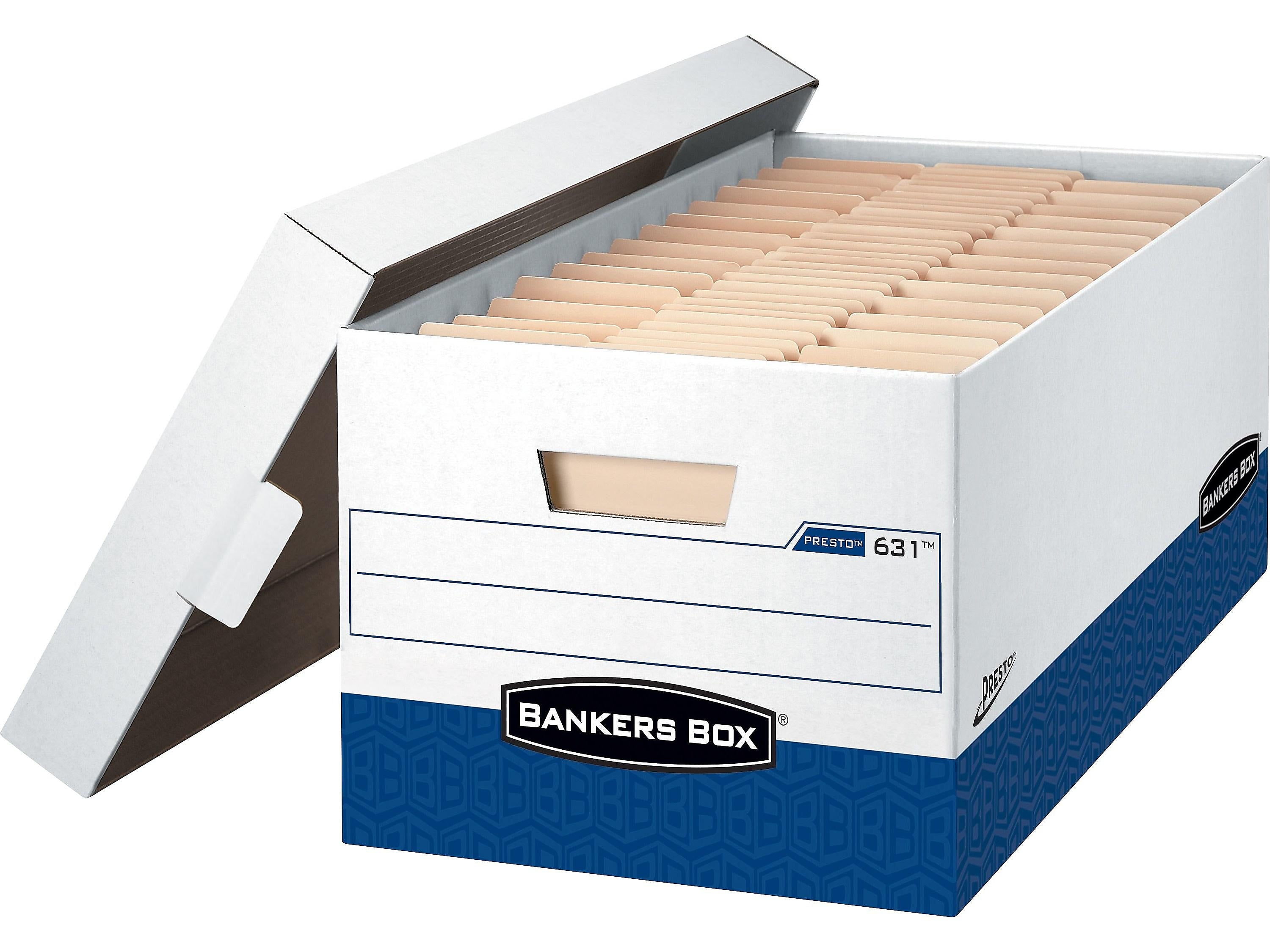 Bankers Box Presto Heavy-Duty Instant Assembly File Storage Boxes, Lift-Off Lid, Letter Size, White/Blue, 12/Carton (0063101)
