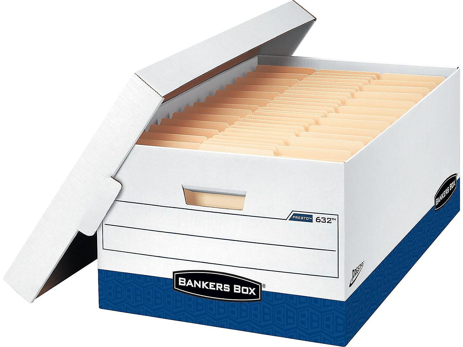 Bankers Box Presto Heavy-Duty Instant Assembly File Storage Boxes, Lift-Off Lid, Legal Size, White/Blue, 12/Carton (0063201)