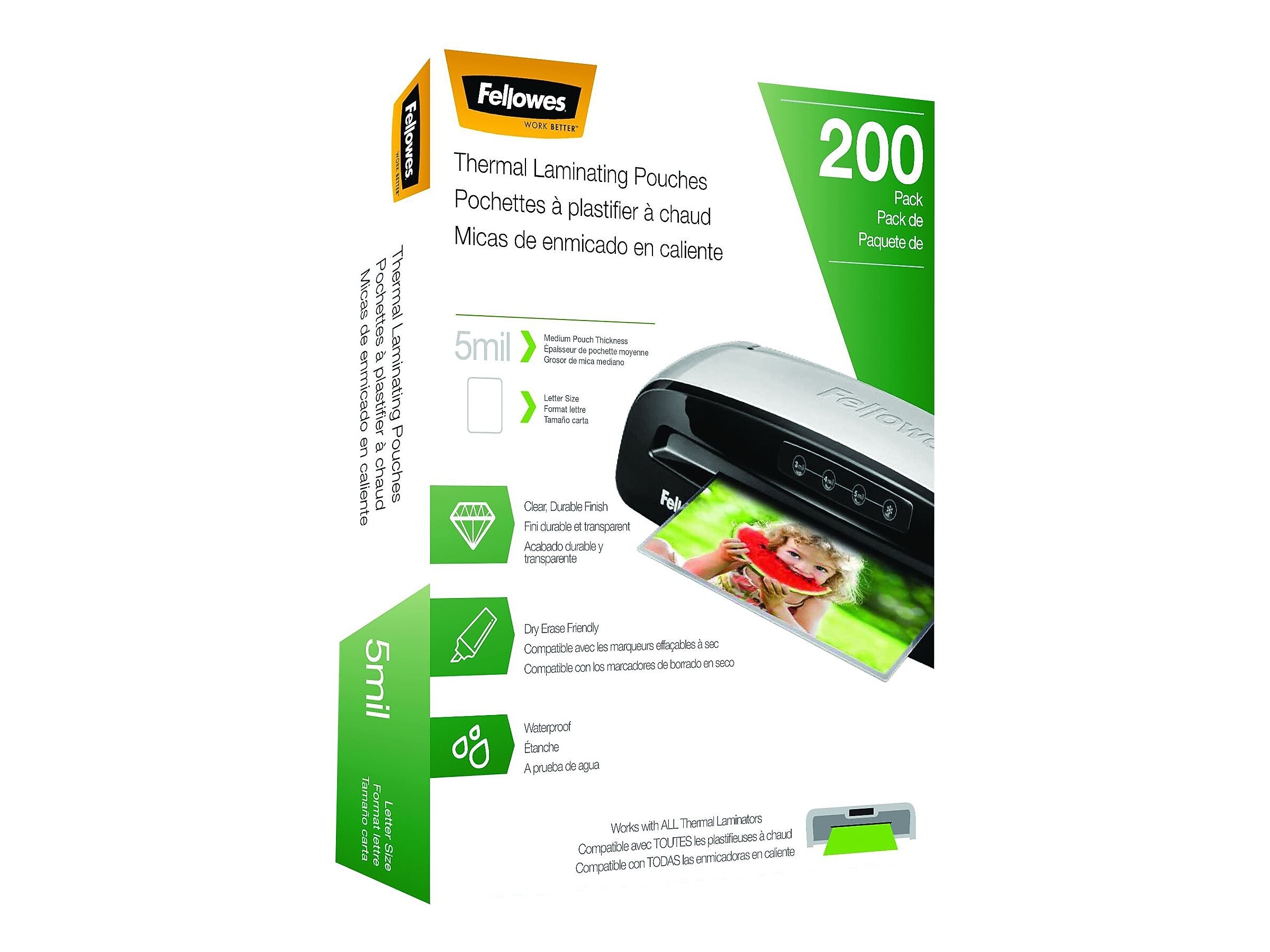 Fellowes Thermal Laminating Pouches, Letter Size, 5 Mil, 200/Pack (5743601)