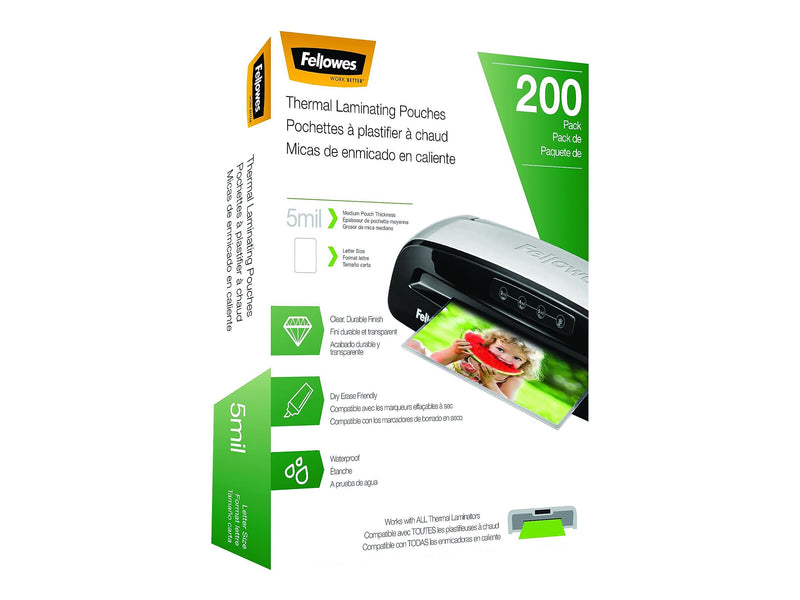 Fellowes Thermal Laminating Pouches, Letter Size, 5 Mil, 200/Pack (5743601)