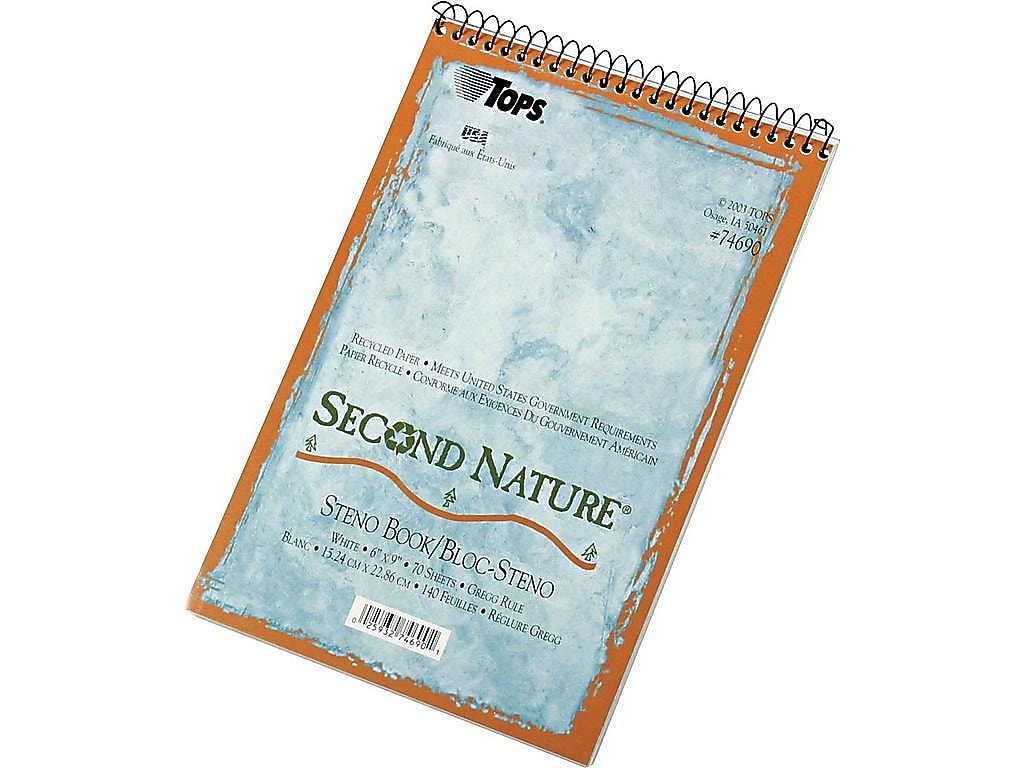 TOPS Second Nature Steno Pad, 6" x 9", Gregg Ruled, White, 70 Sheets/Pad (TOP 74690)