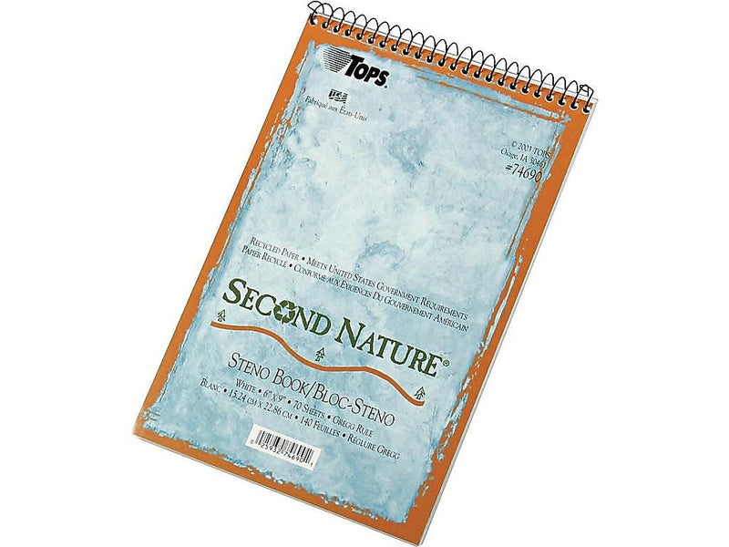 TOPS Second Nature Steno Pad, 6" x 9", Gregg Ruled, White, 70 Sheets/Pad (TOP 74690)