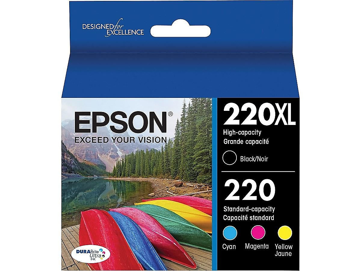 Epson T220 Black High Yield and Cyan/Magenta/Yellow Standard Yield Ink Cartridge, 4/Pack   (T220XL-BCS)
