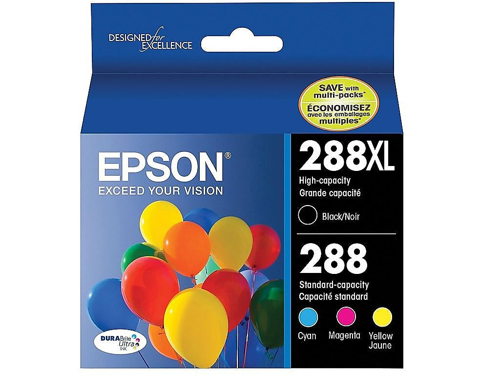 Epson T288 Black High Yield and Cyan/Magenta/Yellow Standard Yield Ink Cartridge, 4/Pack   (T288XL-BCS)