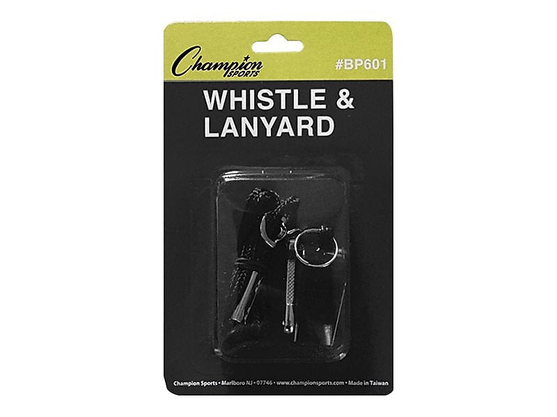 Champion Sports Plastic Whistle and Lanyard Combo, Black/Silver, 12/Bundle (CHSBP601)
