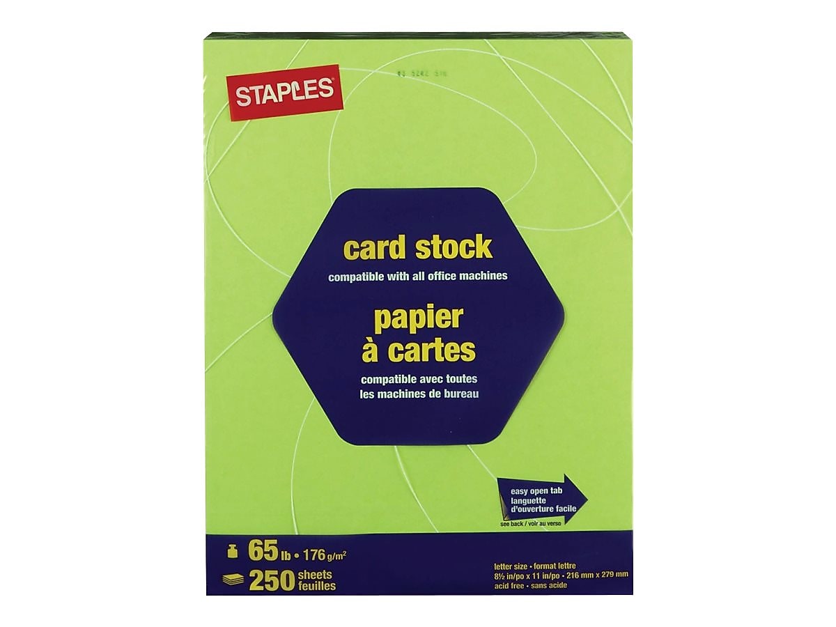 Staples Brights 65 lb. Cardstock Paper, 8.5" x 11", Bright Green, 250 Sheets/Pack (21103)