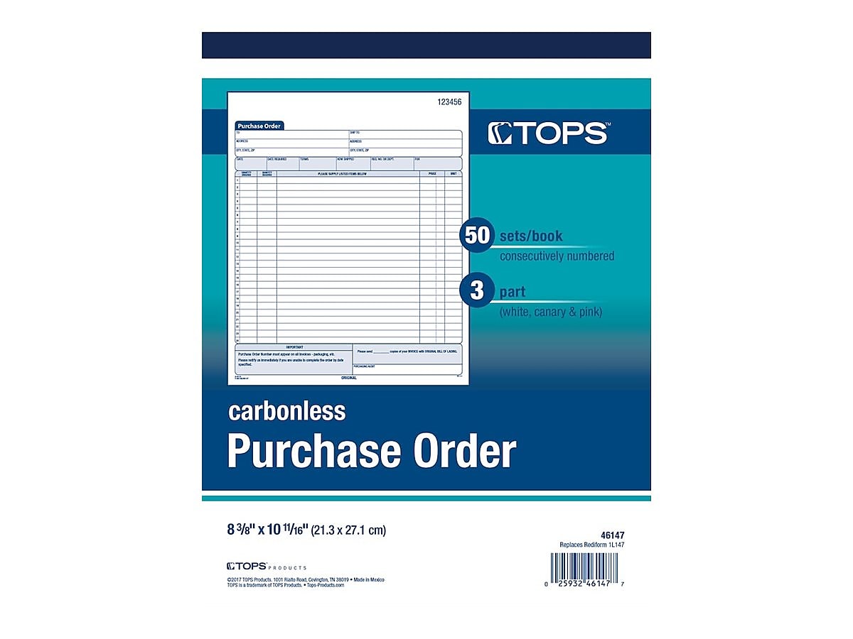 TOPS 3-Part Carbonless Purchase Requisitions, 8.38"L x 10.69"W, 50 Sets/Book (46147)