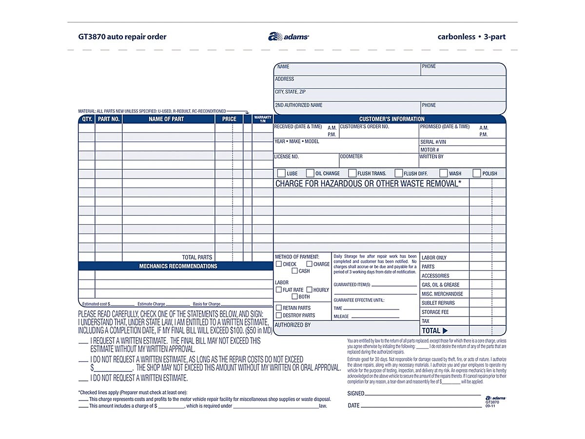 Adams 3-Part Carbonless Auto Repairs, 8.5"L x 7.44"W, 50 Sets/Book (GT3870)