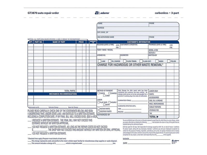 Adams 3-Part Carbonless Auto Repairs, 8.5"L x 7.44"W, 50 Sets/Book (GT3870)