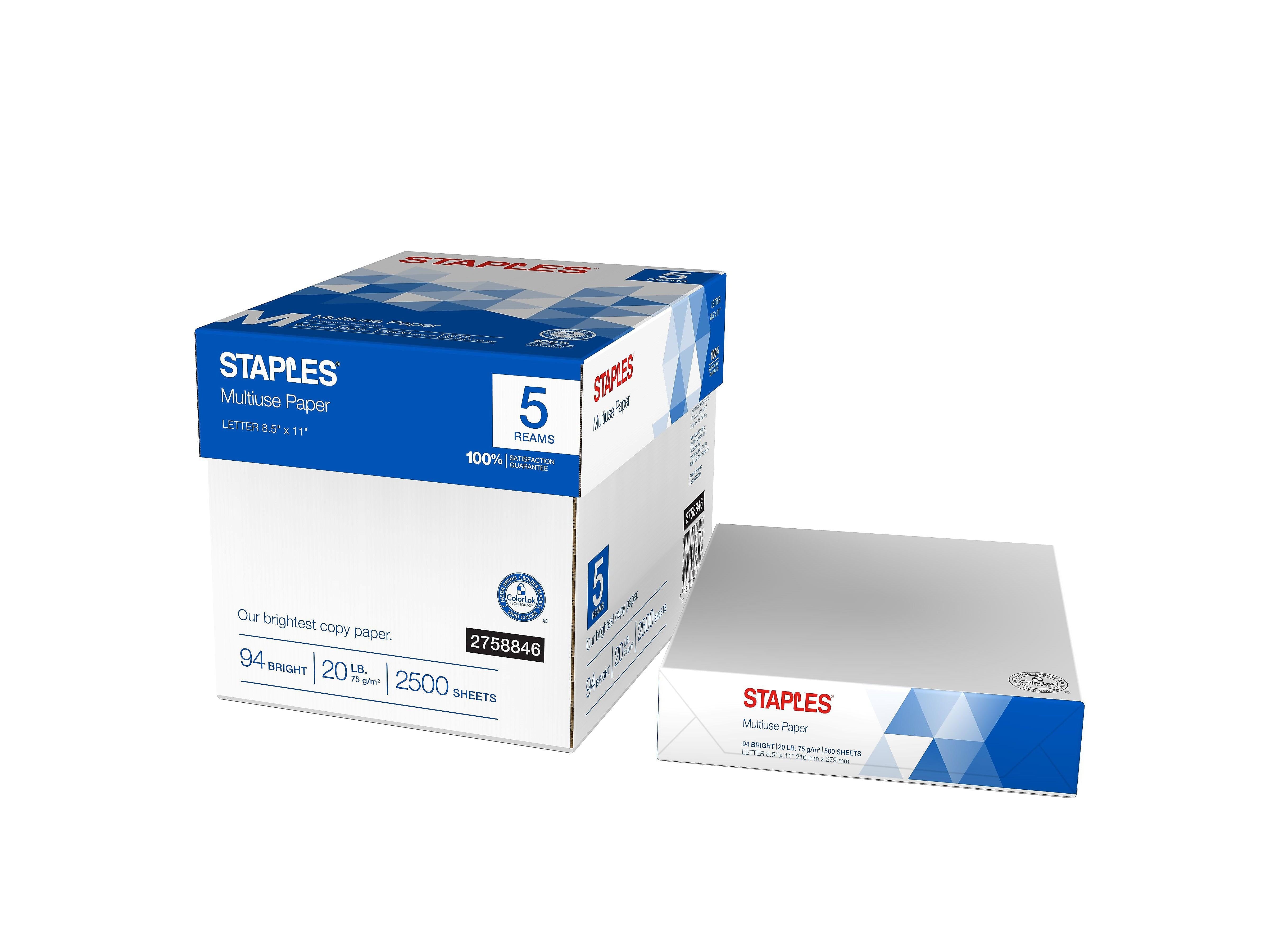 Staples Multiuse Copy Paper, 8.5" x 11", 20 lbs., 94 Brightness, 500 Sheets/Ream, 5 Reams/Carton (51928)