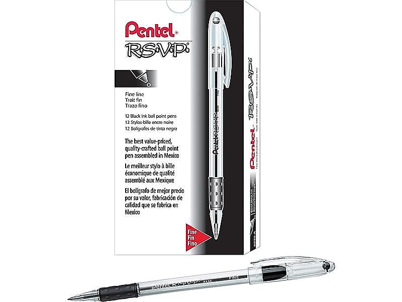Pentel R.S.V.P. Ballpoint Pens, Fine Point, 0.7mm, Black Ink, Dozen (BK90-A)