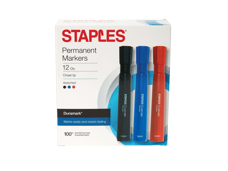 Staples DuraMark Permanent Markers, Chisel Point, Assorted, 12/Pack (10404)