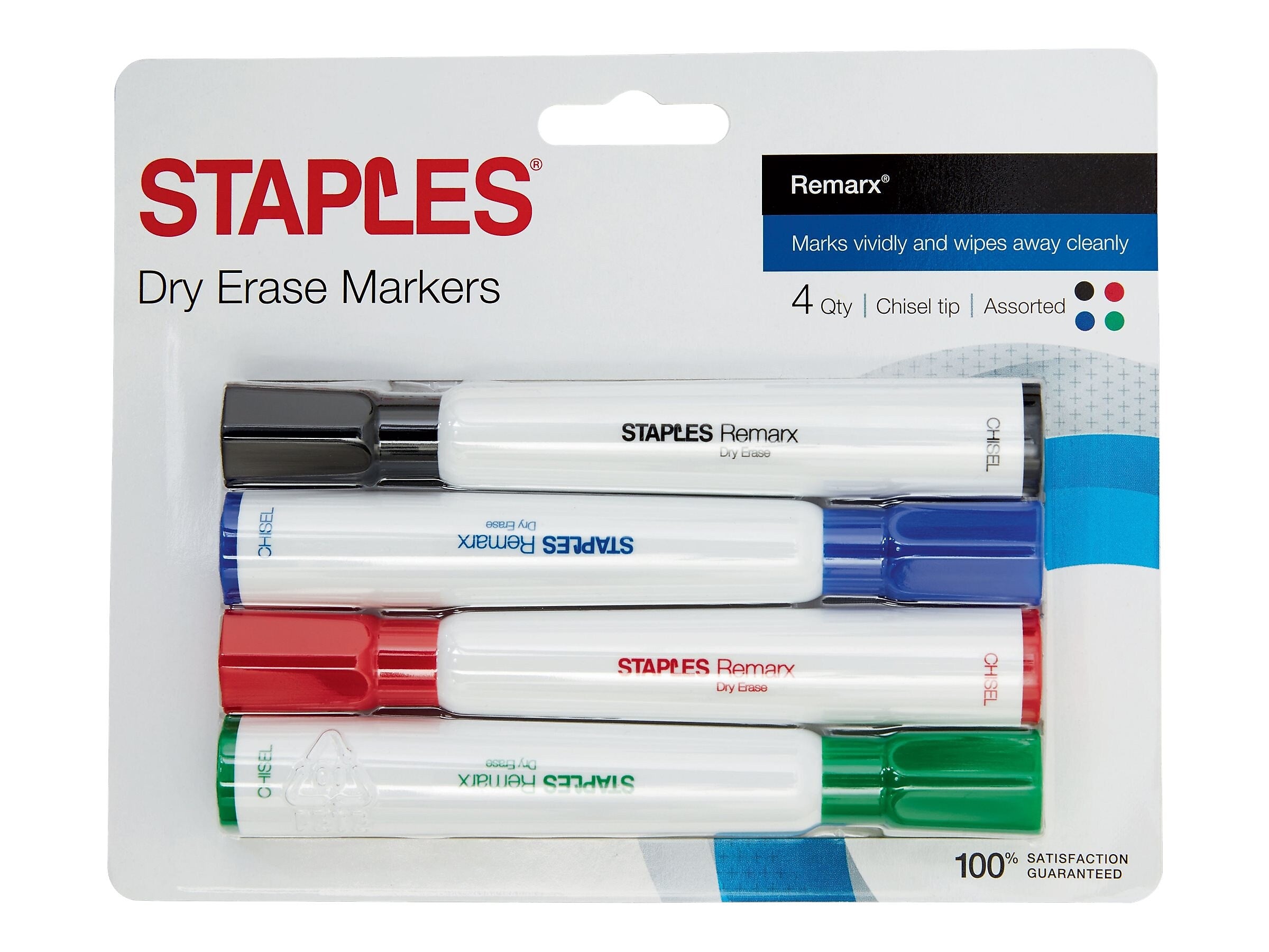Staples Remarx Dry Erase Markers, Chisel Point, Assorted, 4/Pack (29205)