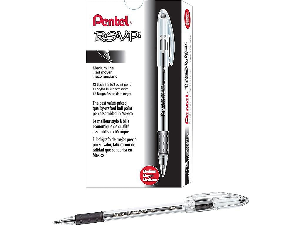 Pentel R.S.V.P. Ballpoint Pens, Medium Point, Black Ink, 12/Pack (BK91-A)