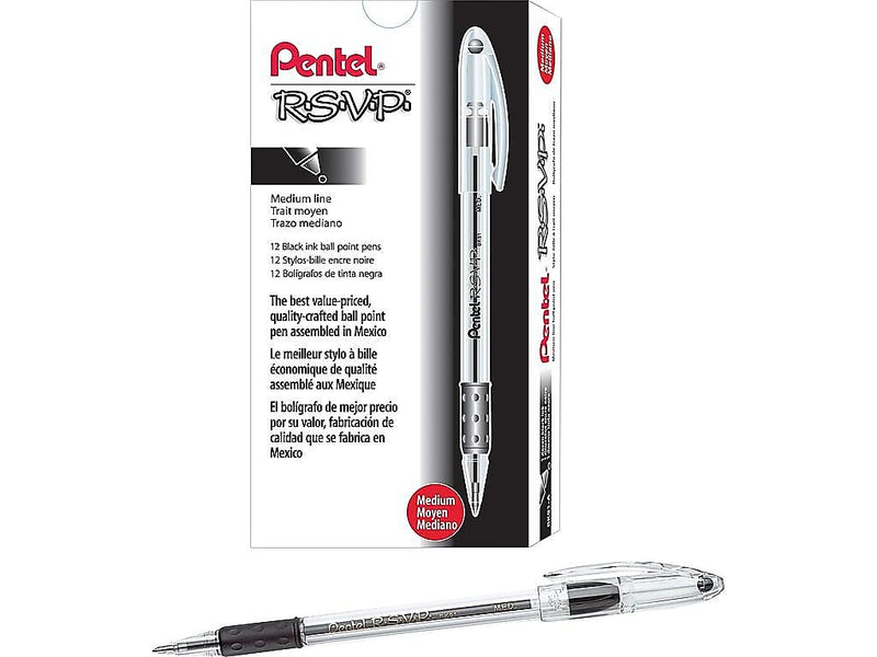 Pentel R.S.V.P. Ballpoint Pens, Medium Point, Black Ink, 12/Pack (BK91-A)