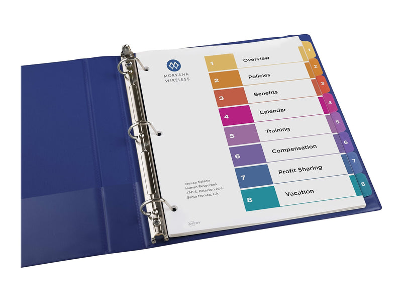 Avery Ready Index Table of Contents Pre-Printed Numeric Paper Divider, 8 Tabs, Multicolor, 6 Sets (11186)