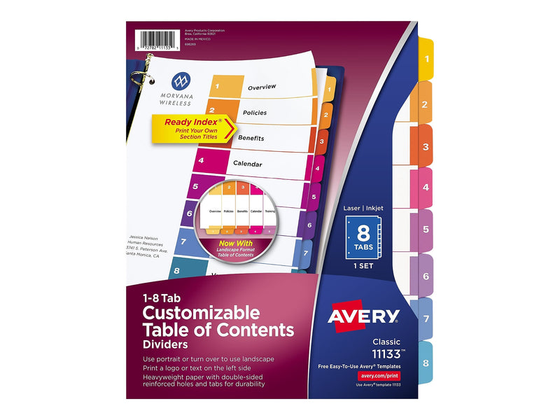Avery Ready Index Table of Contents Paper Dividers, 1-8 Tabs, Multicolor (11133)