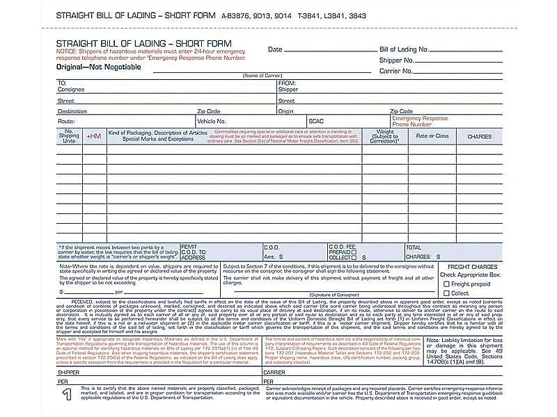 Adams 3-Part Carbonless Bill of Lading, 8.5"L x 7.44"W, 250 Sets/Book (B3876)