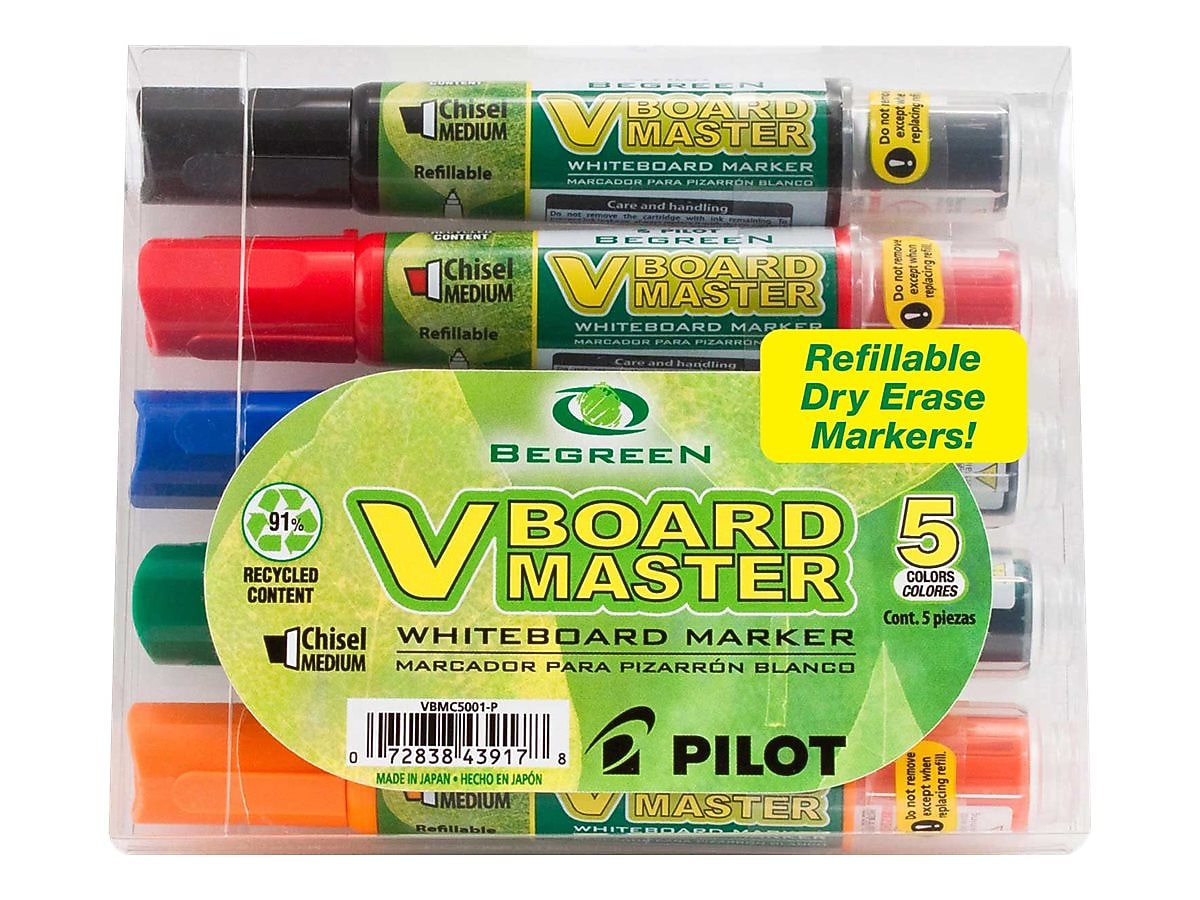 Pilot V Board Master BeGreen Refillable Dry Erase Markers, Chisel Tip, Assorted, 5/Pack (43917)