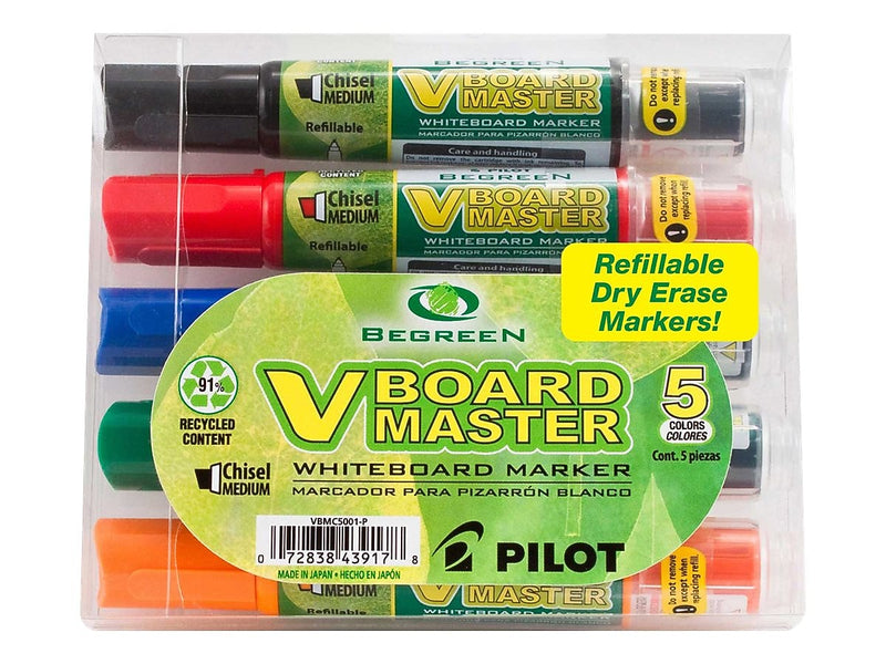 Pilot V Board Master BeGreen Refillable Dry Erase Markers, Chisel Tip, Assorted, 5/Pack (43917)