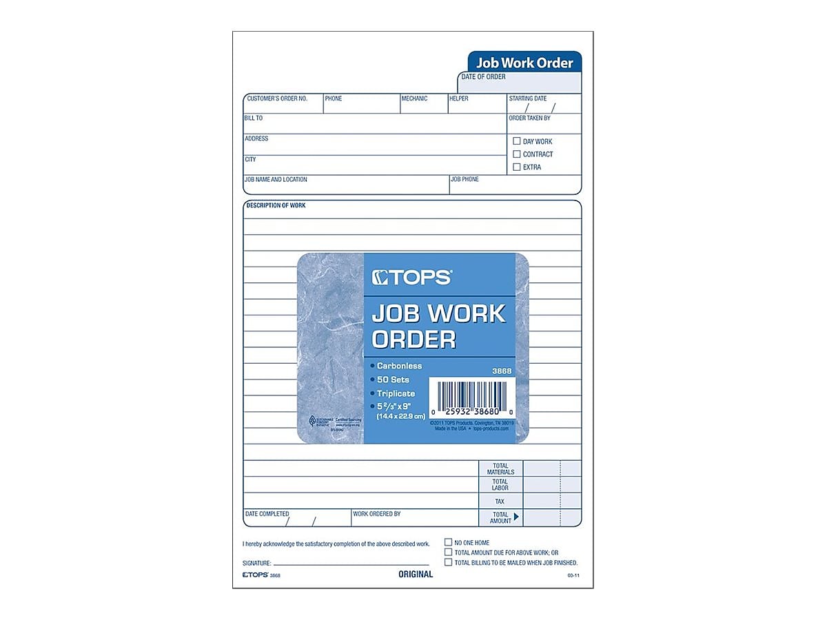 TOPS Job 3-Part Carbonless Work Orders, 8.62"L x 5.67"W, 50 Sets/Book (3868)