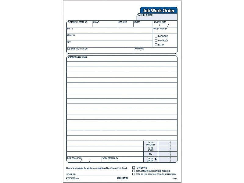 TOPS Job 3-Part Carbonless Work Orders, 8.62"L x 5.67"W, 50 Sets/Book (3868)