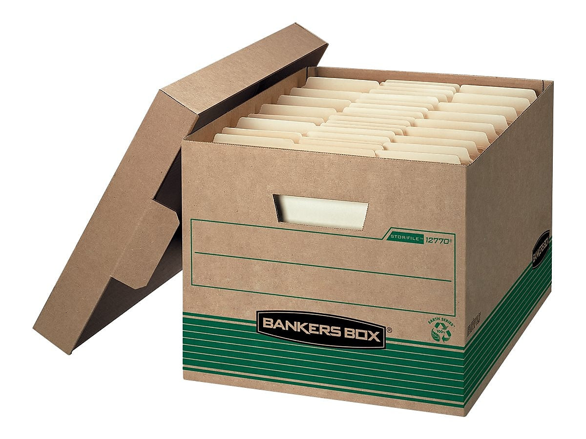 Bankers Box® Medium-Duty Recycled FastFold File Storage Boxes, Lift-Off Lid, Letter/Legal Size, Brown, 12/Carton (12770)