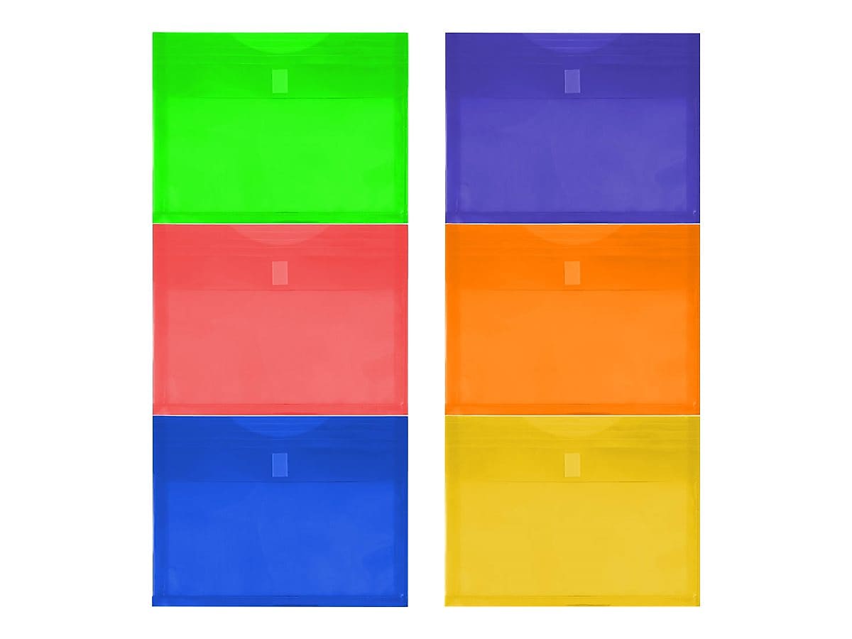 JAM Paper Standard Plastic Filing Envelope, Letter, Assorted Colors, 6/Pack (218V1RGBYPOR)