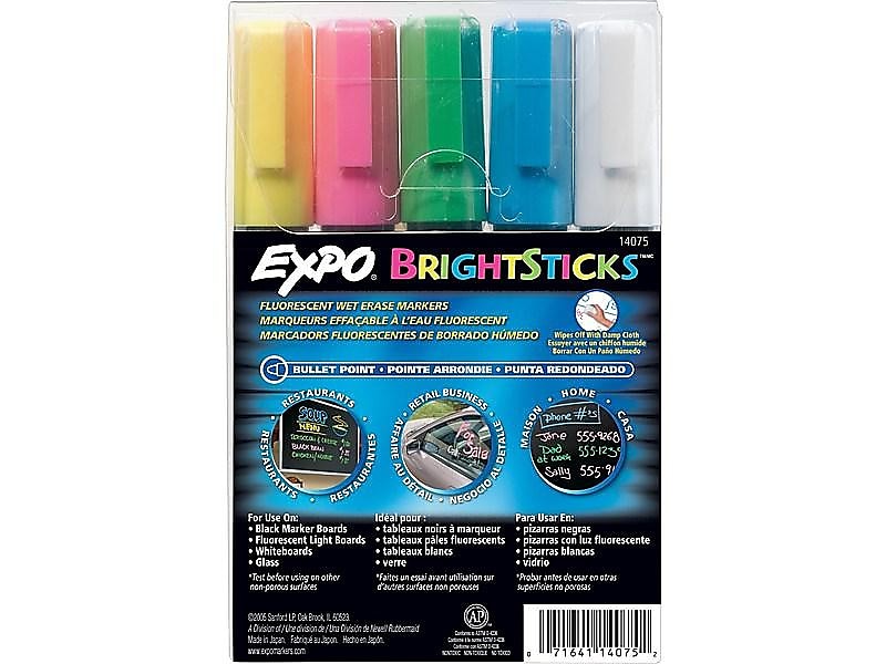 Expo BrightSticks Wet Erase Markers, Bullet Tip, Assorted, 5/Pack (14075)