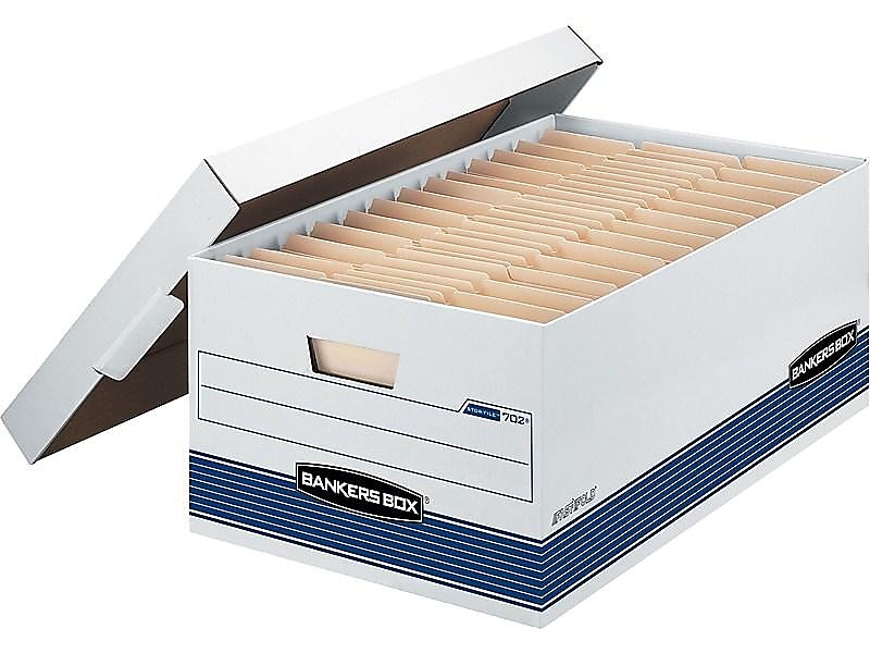 Bankers Box Medium-Duty FastFold Corrugated File Storage Boxes, 24" Lift-Off Lid, Legal Size, White/Blue, 12/Carton (00702)