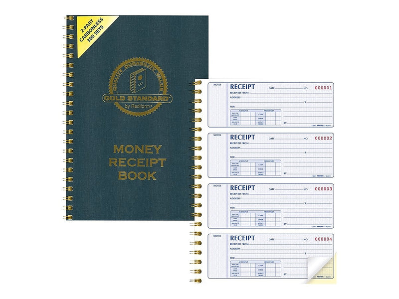 Rediform Gold Standard 2-Part Carbonless Receipts Book, 7"L x 2.75"W, 300 Forms/Book (8L810)