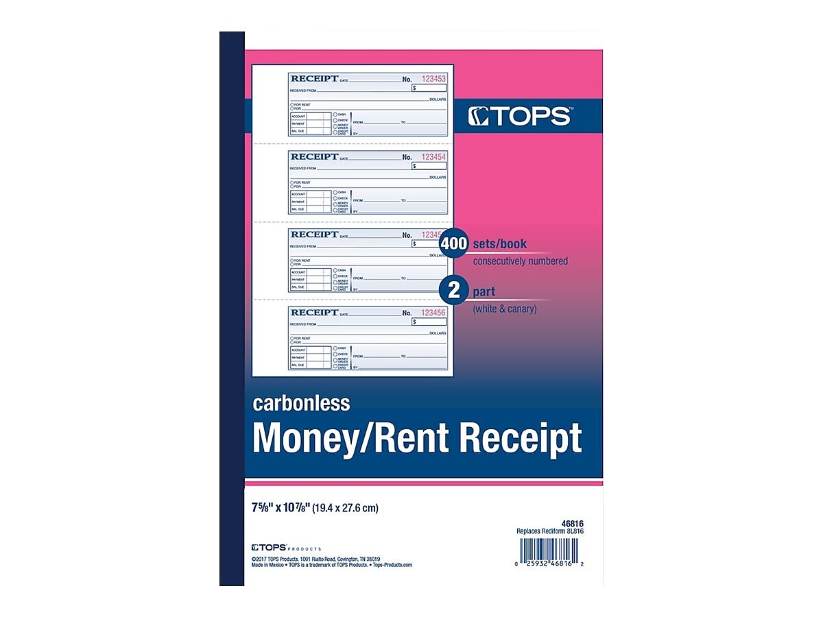 TOPS 2-Part Carbonless Receipts Book, 2.75"L x 7.13"W, 400 Forms/Book, Each (TOP 46816)