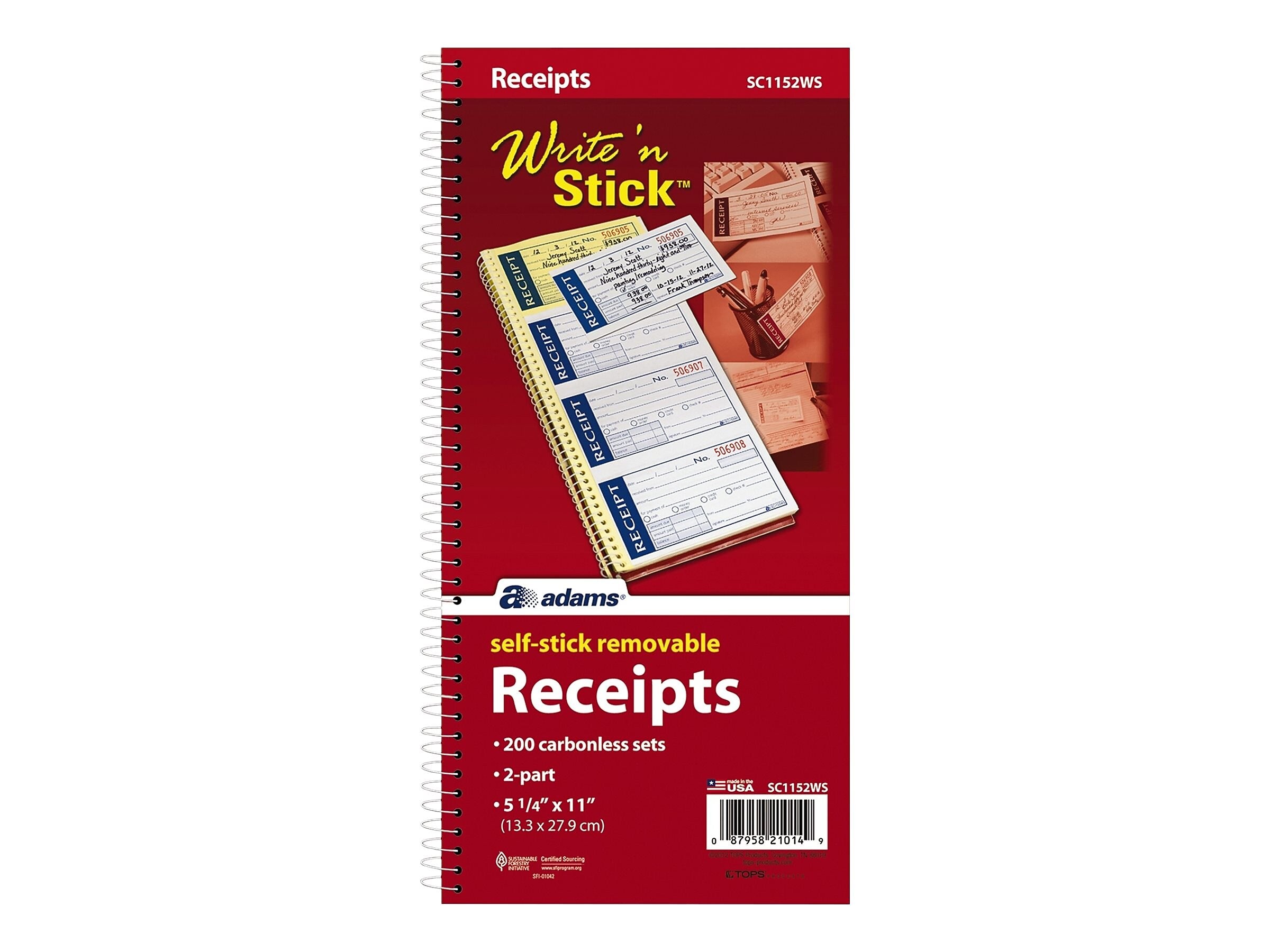 Adams Write 'N Stick 2-Part Carbonless Receipts Book, 2.75" x 4.75", White, 200 Forms/Book (SC1152WS)