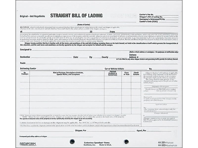 Rediform Snap-A-Way 3-Part Carbonless Bill of Lading, 7"L x 8.5"W, 250 Sets/Book (44301)